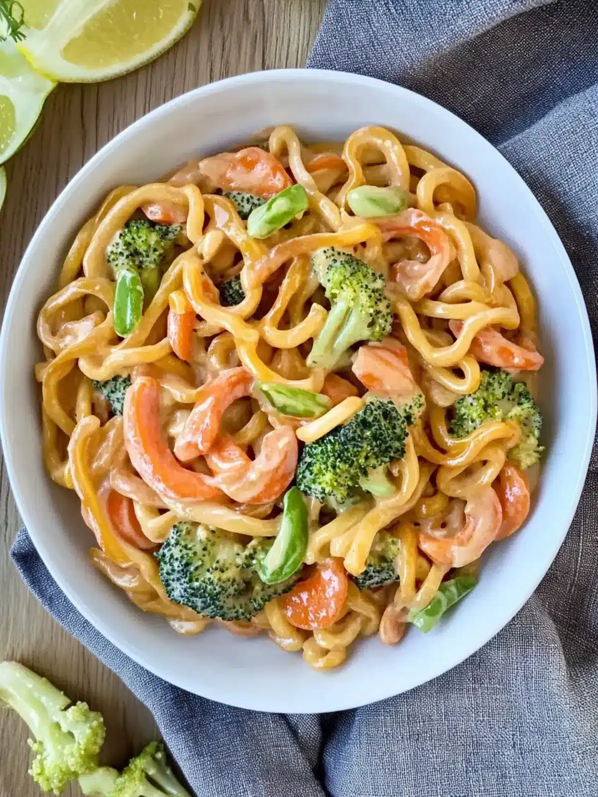 Udon-Nudeln mit Erdnusssoße und Gemüse