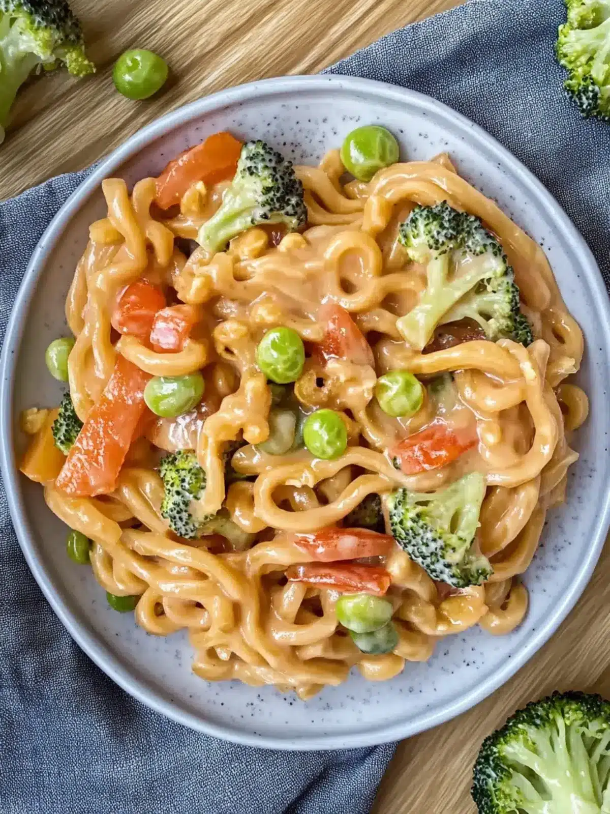 Udon-Nudeln mit Erdnusssoße und Gemüse