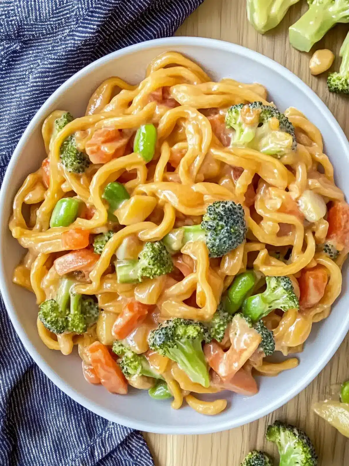 Udon-Nudeln mit Erdnusssoße und Gemüse