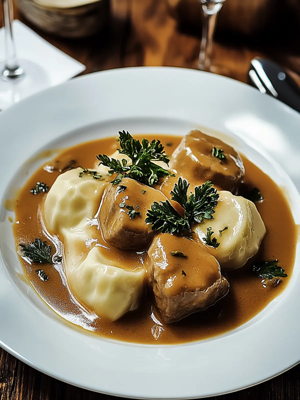 Butterzartes Rahmgulasch mit Serviettenknödel