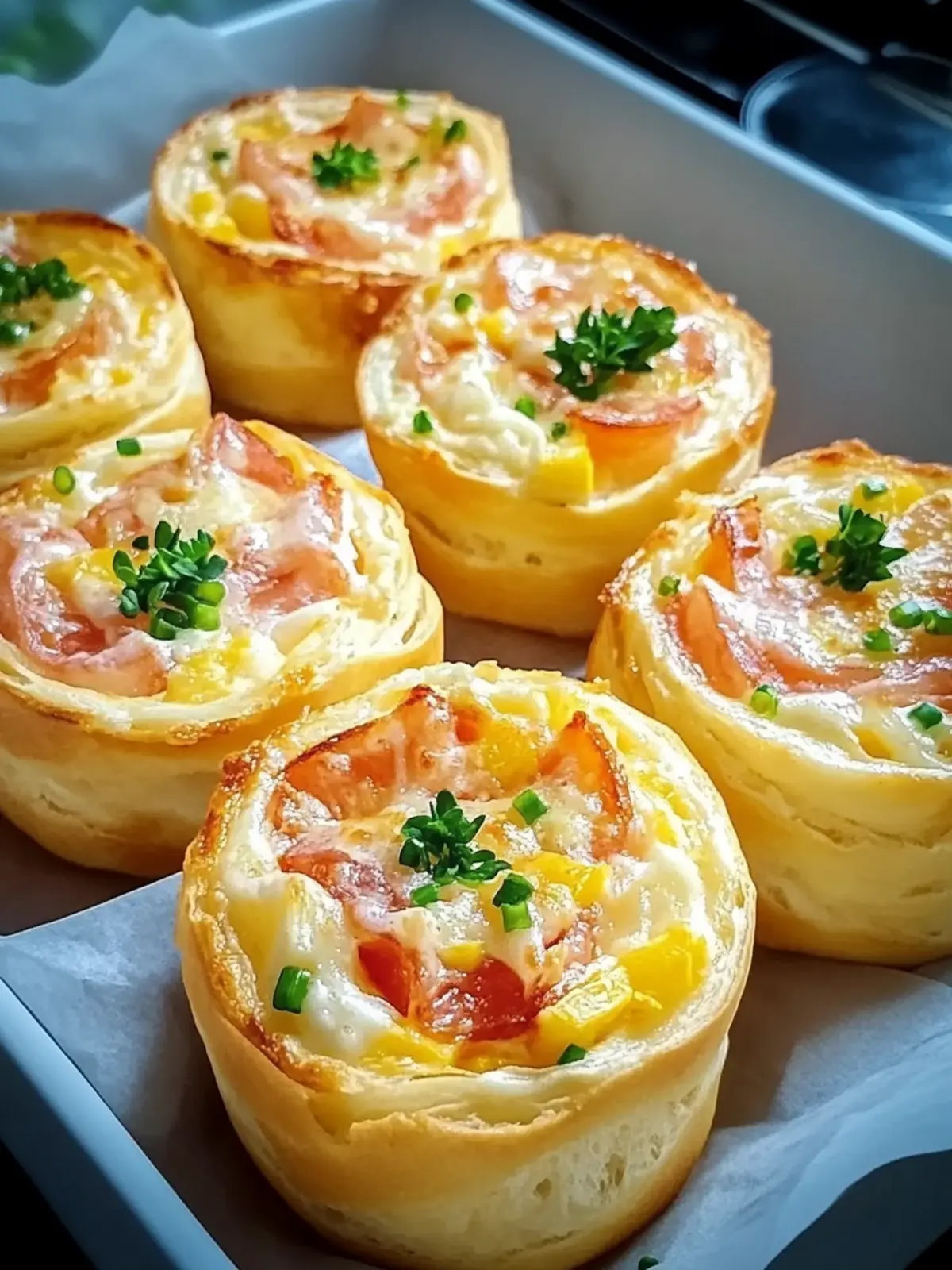 Frühstücksbrötchen mit Rühreiern, Käse und Speck