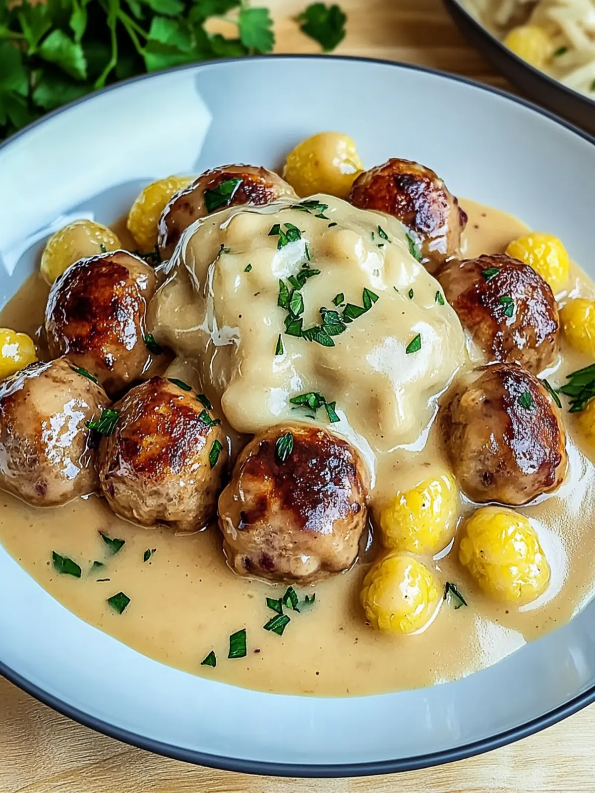 Fleischbällchen in einer cremigen Soße mit Kartoffelpüree