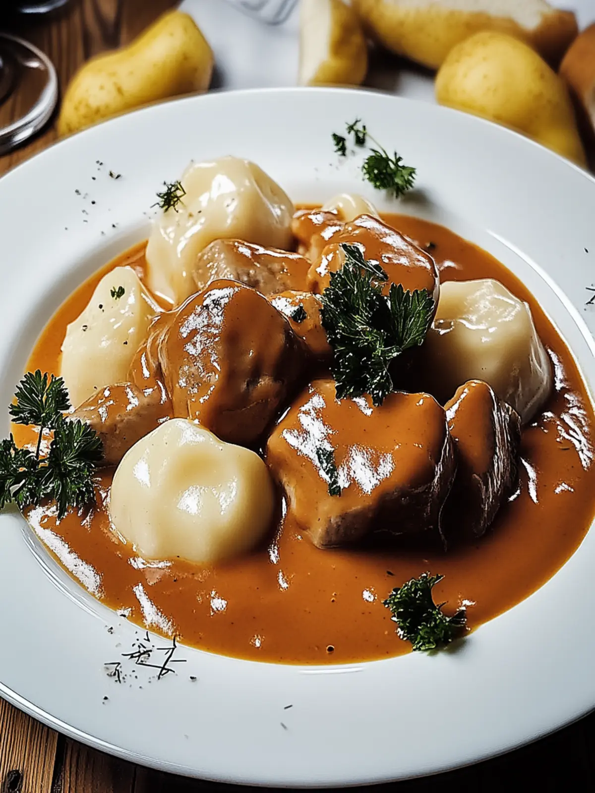 Butterzartes Rahmgulasch mit Serviettenknödel