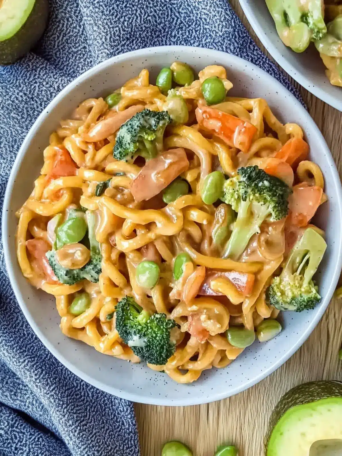 Udon-Nudeln mit Erdnusssoße und Gemüse