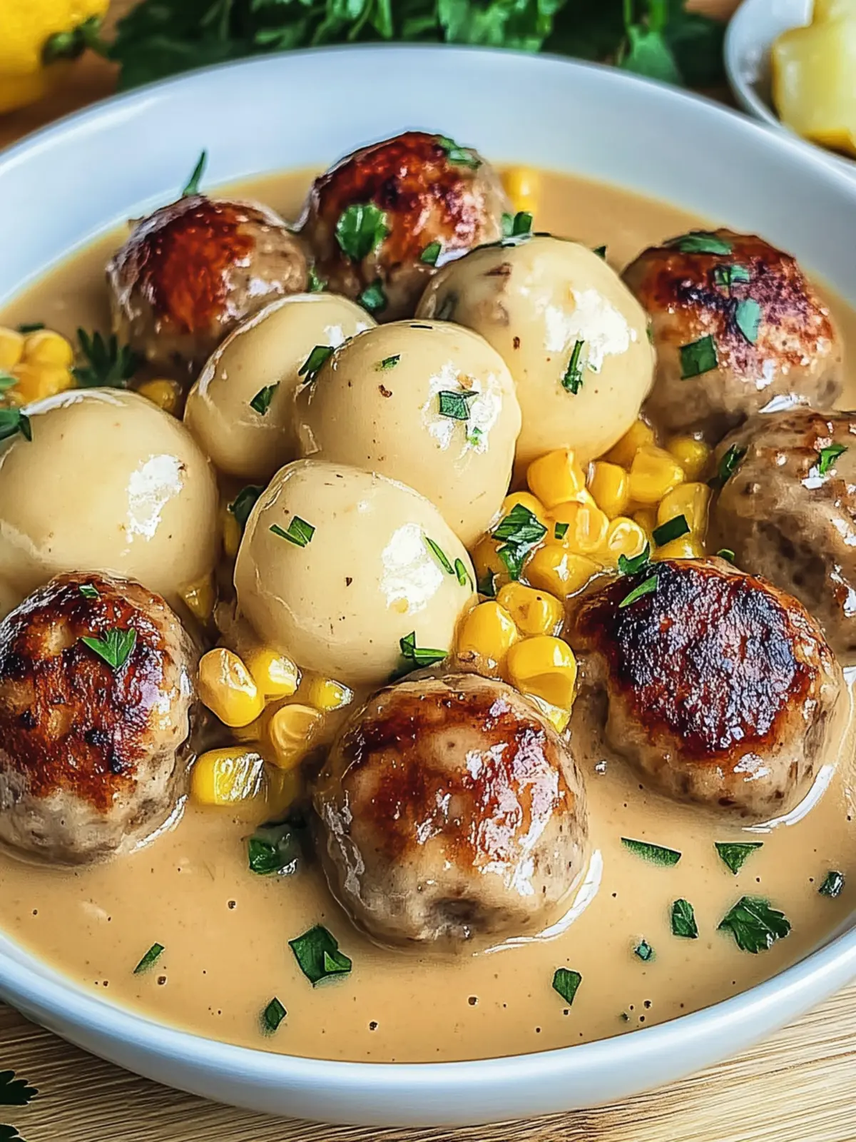 Fleischbällchen in einer cremigen Soße mit Kartoffelpüree