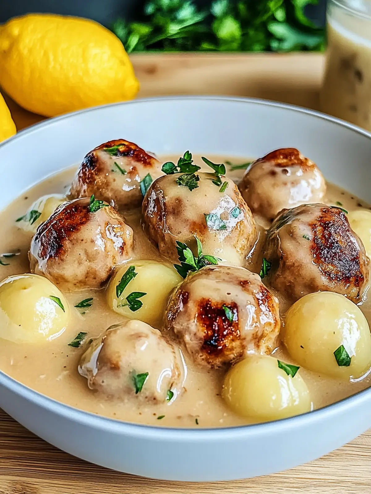 Fleischbällchen in einer cremigen Soße mit Kartoffelpüree