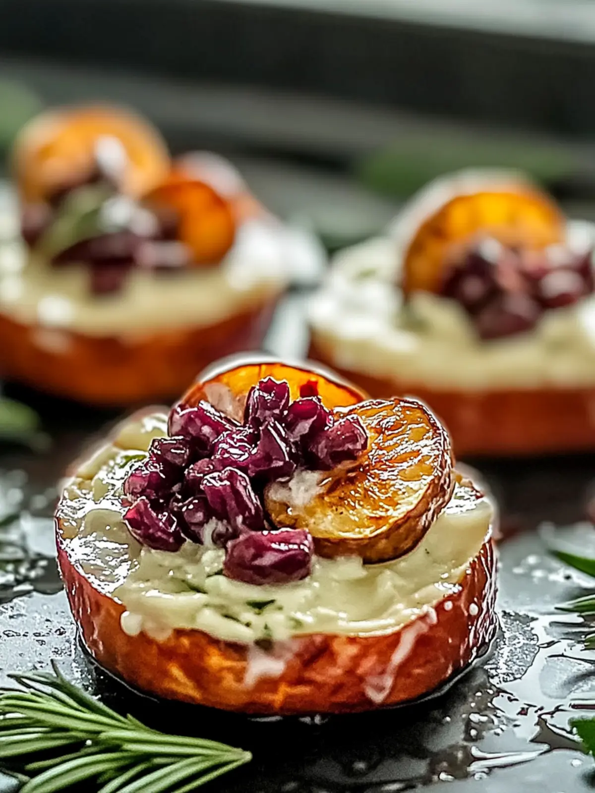 Süßkartoffelrunden mit Brie und Cranberrys