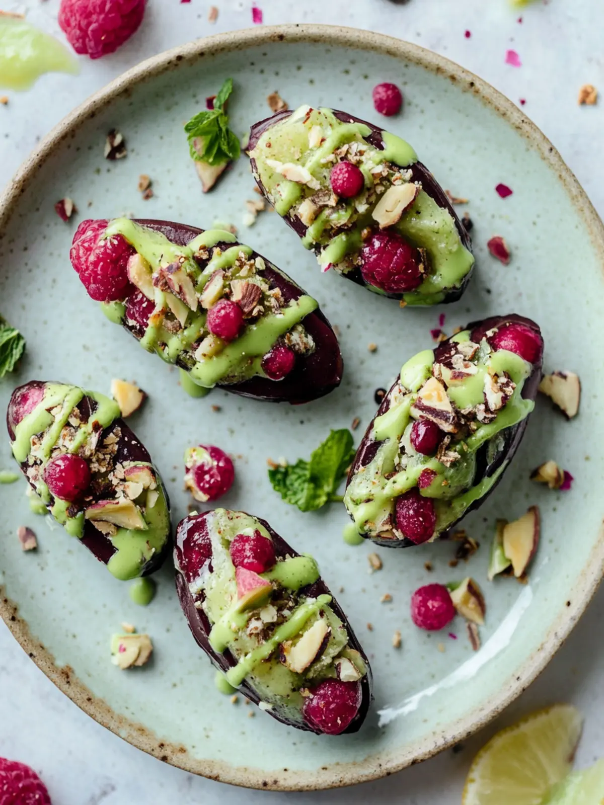 Matcha-Käsekuchen gefüllte Datteln