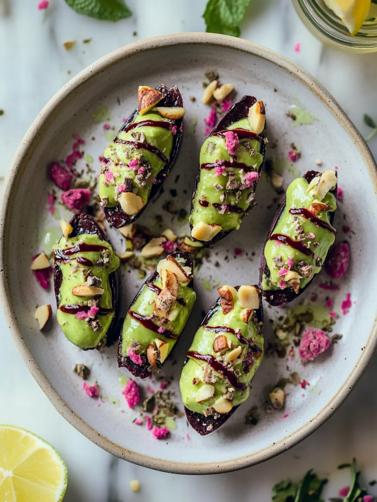 Matcha-Käsekuchen gefüllte Datteln