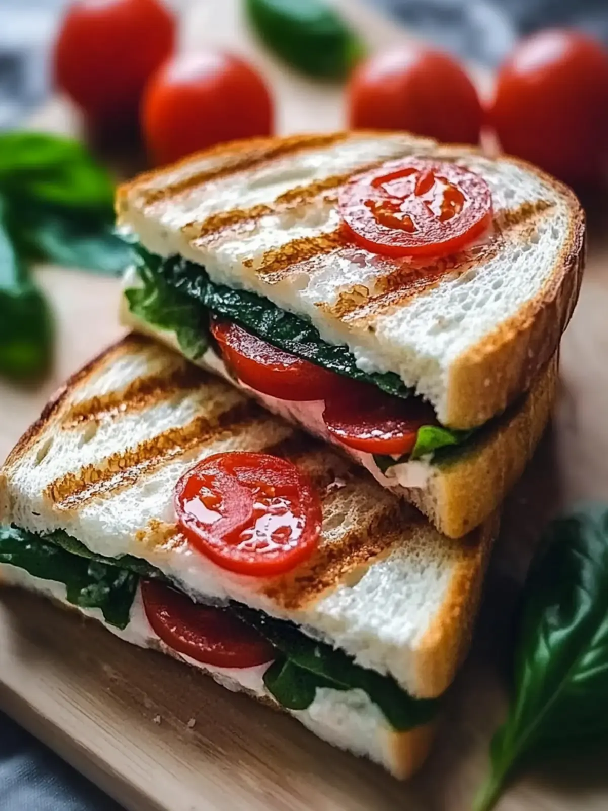 Panini Sandwich mit Tomaten, Mozzarella und Spinat
