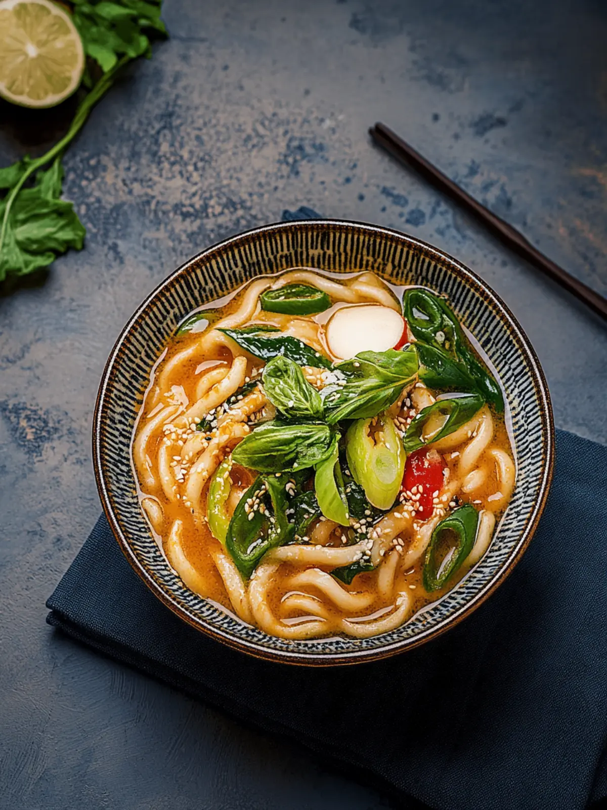 Asiatische Udon-Nudeln Pfanne mit Erdnusssauce und Chili
