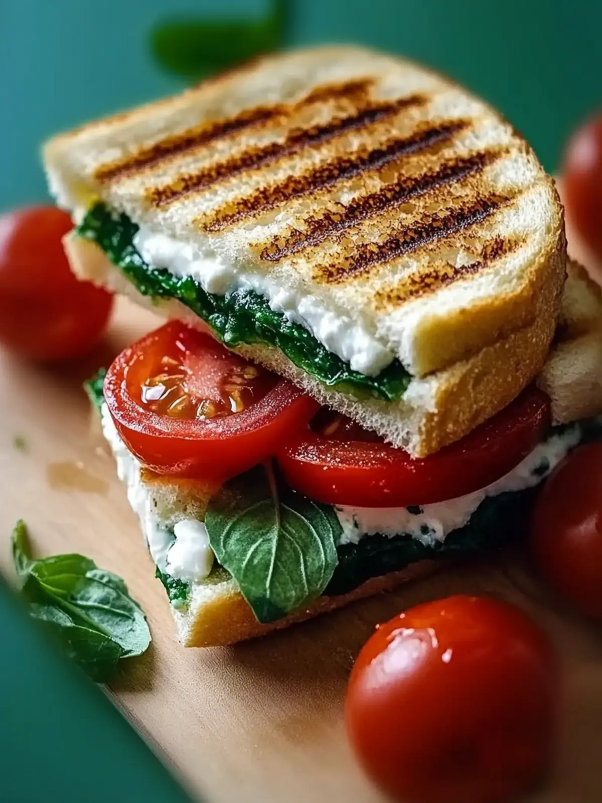 Panini Sandwich mit Tomaten, Mozzarella und Spinat