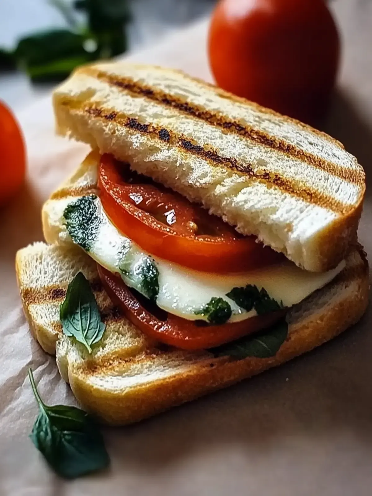 Panini Sandwich mit Tomaten, Mozzarella und Spinat
