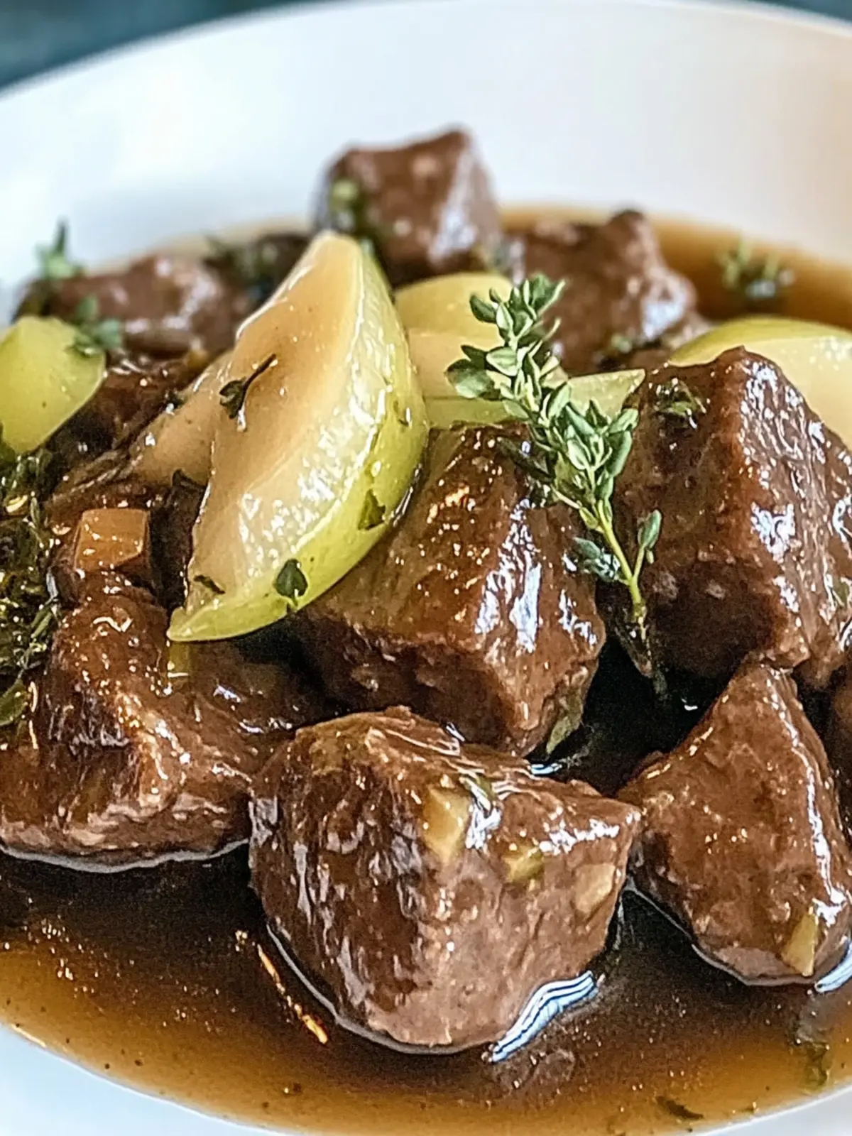 Genießen Sie zartes Rindfleisch in einer aromatischen Balsamico- und Zwiebelsauce