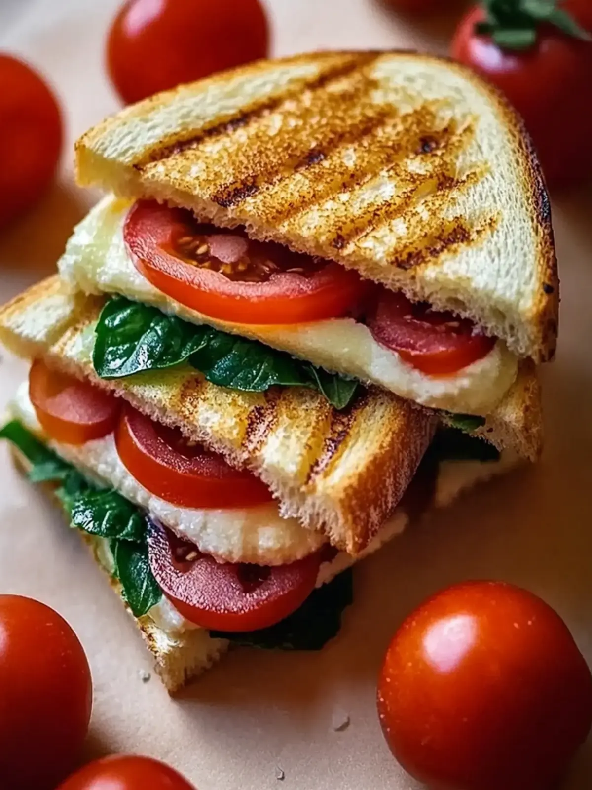 Panini Sandwich mit Tomaten, Mozzarella und Spinat