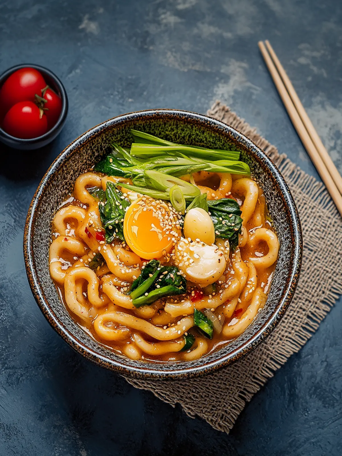 Asiatische Udon-Nudeln Pfanne mit Erdnusssauce und Chili