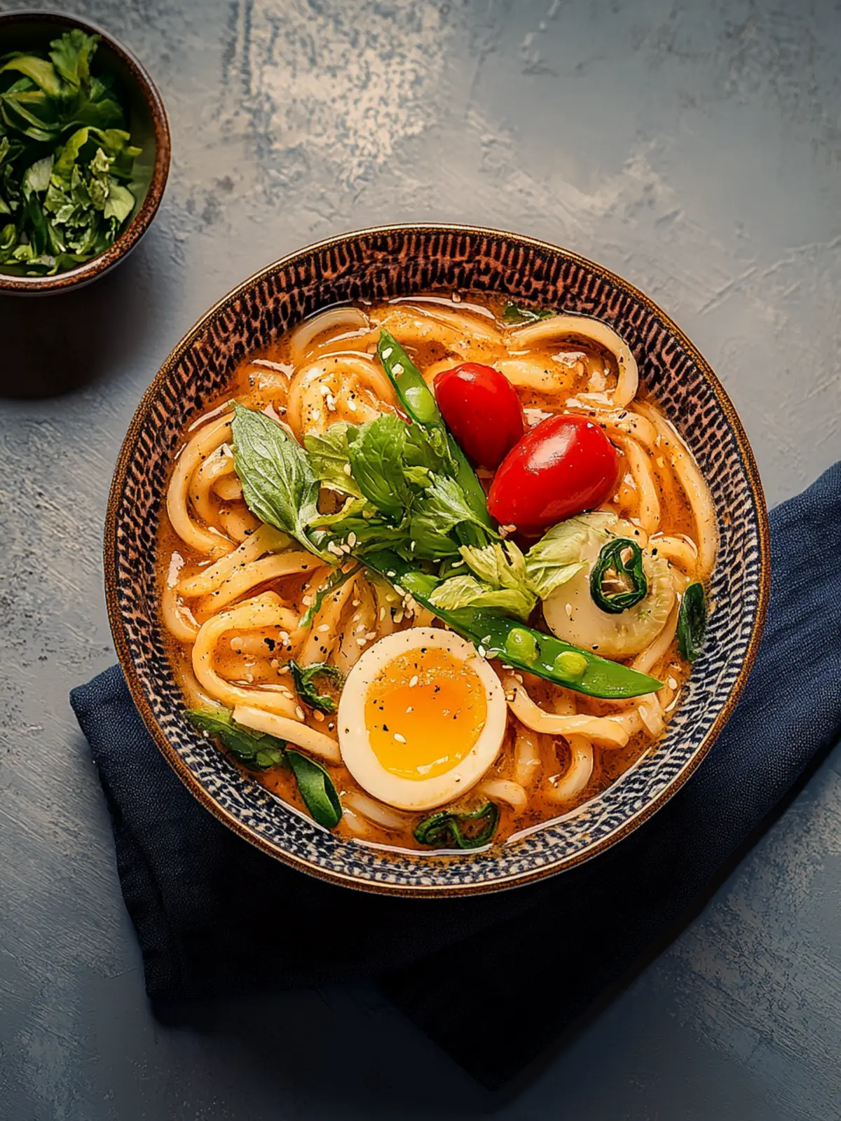 Asiatische Udon-Nudeln Pfanne mit Erdnusssauce und Chili