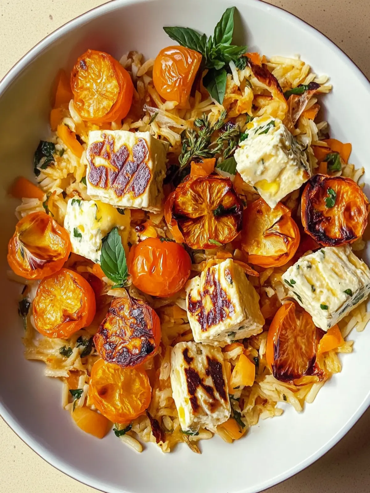 Cremiger Herbst Halloumi Orzo Auflauf