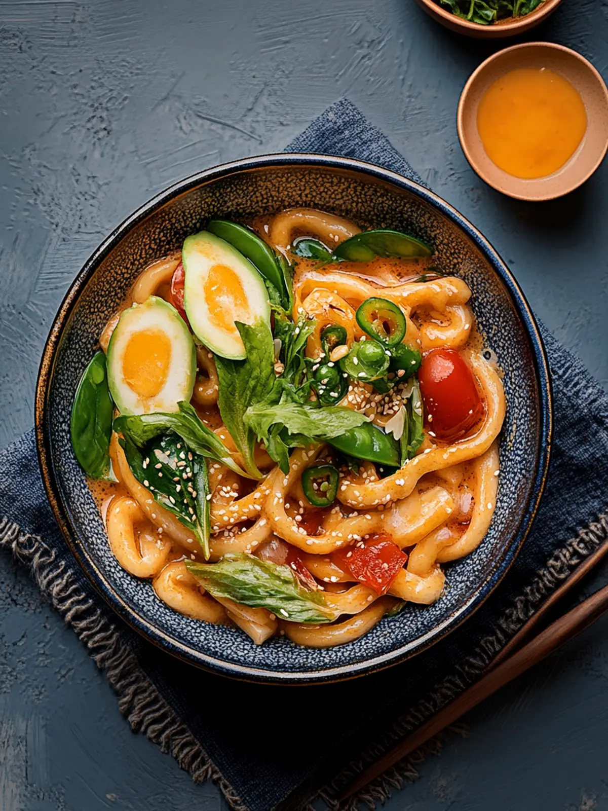 Asiatische Udon-Nudeln Pfanne mit Erdnusssauce und Chili