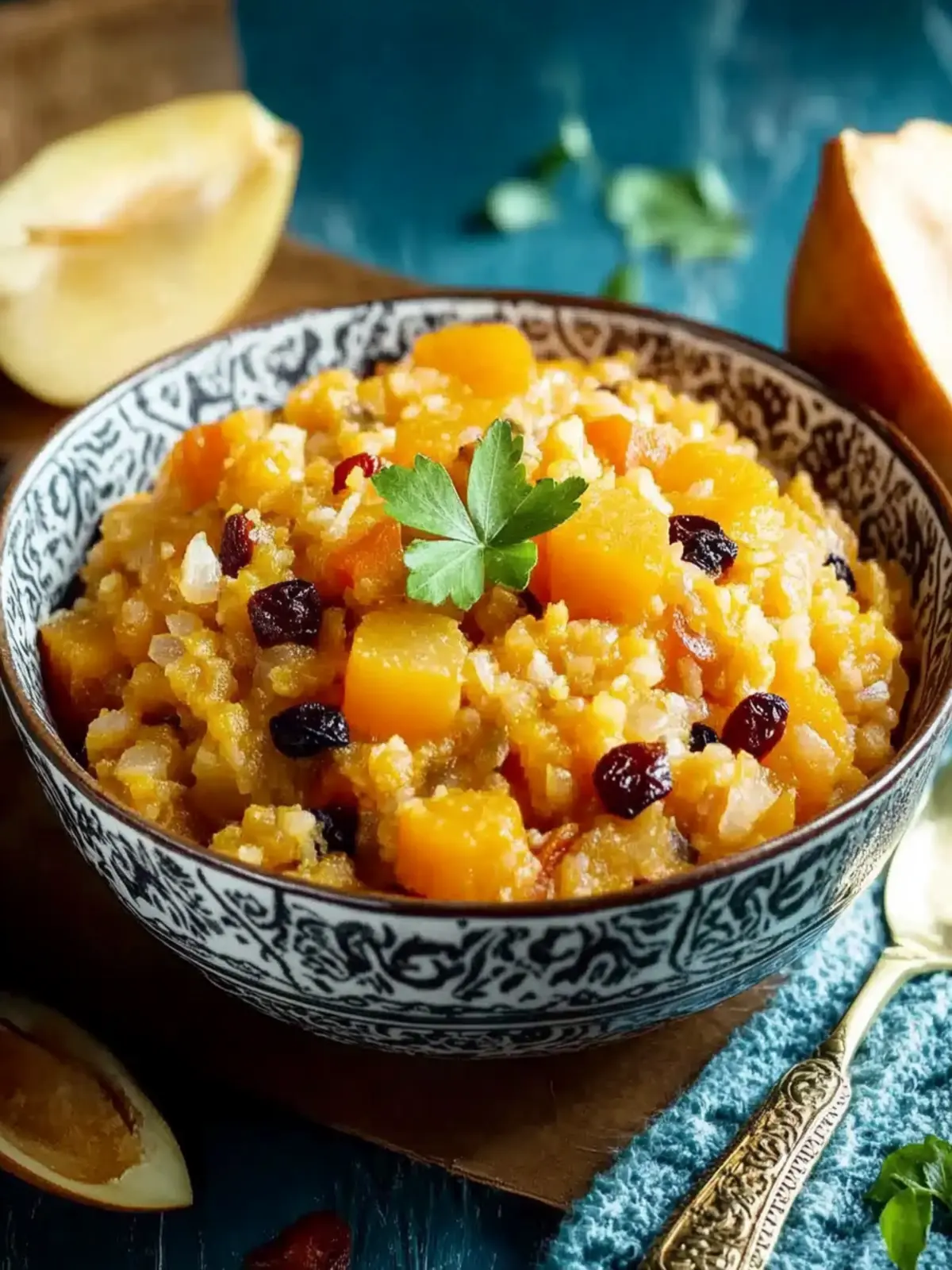 Orientalischer Kürbis-Eintopf mit Zimt und Rosinenreis