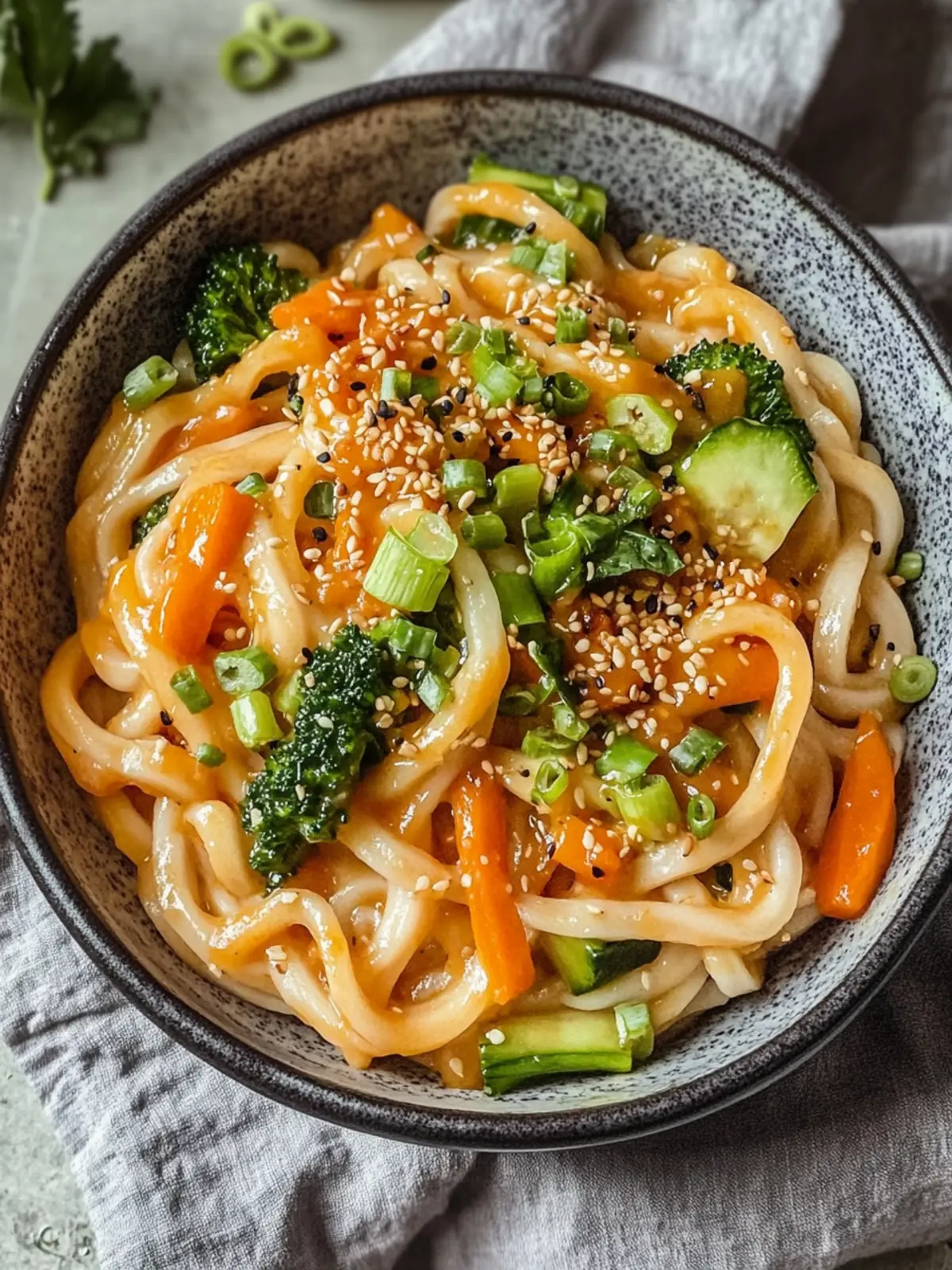 Udon-Nudeln mit Erdnusssauce und Gemüse
