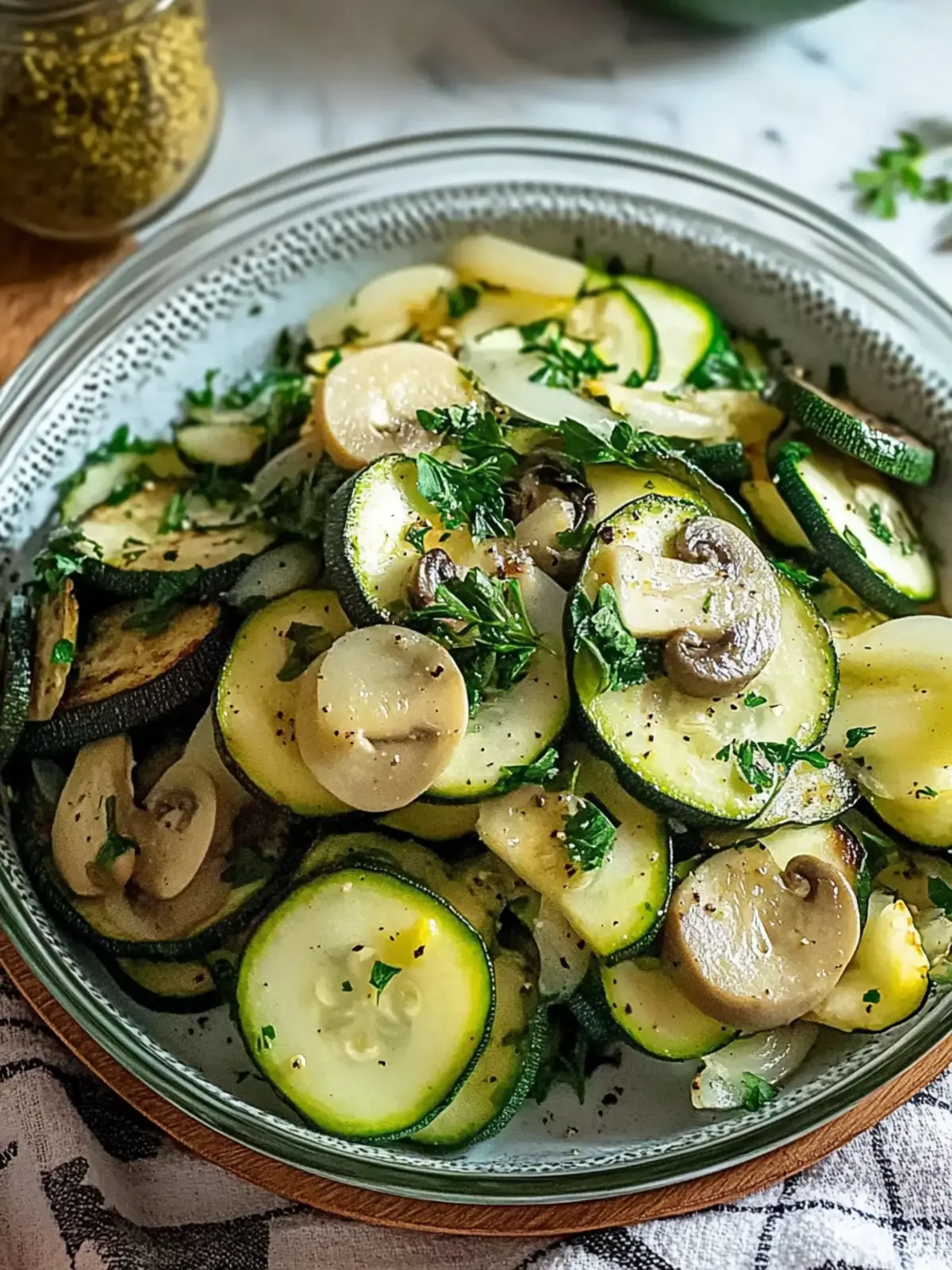 Gebratene Zucchini, Pilze und Zwiebeln
