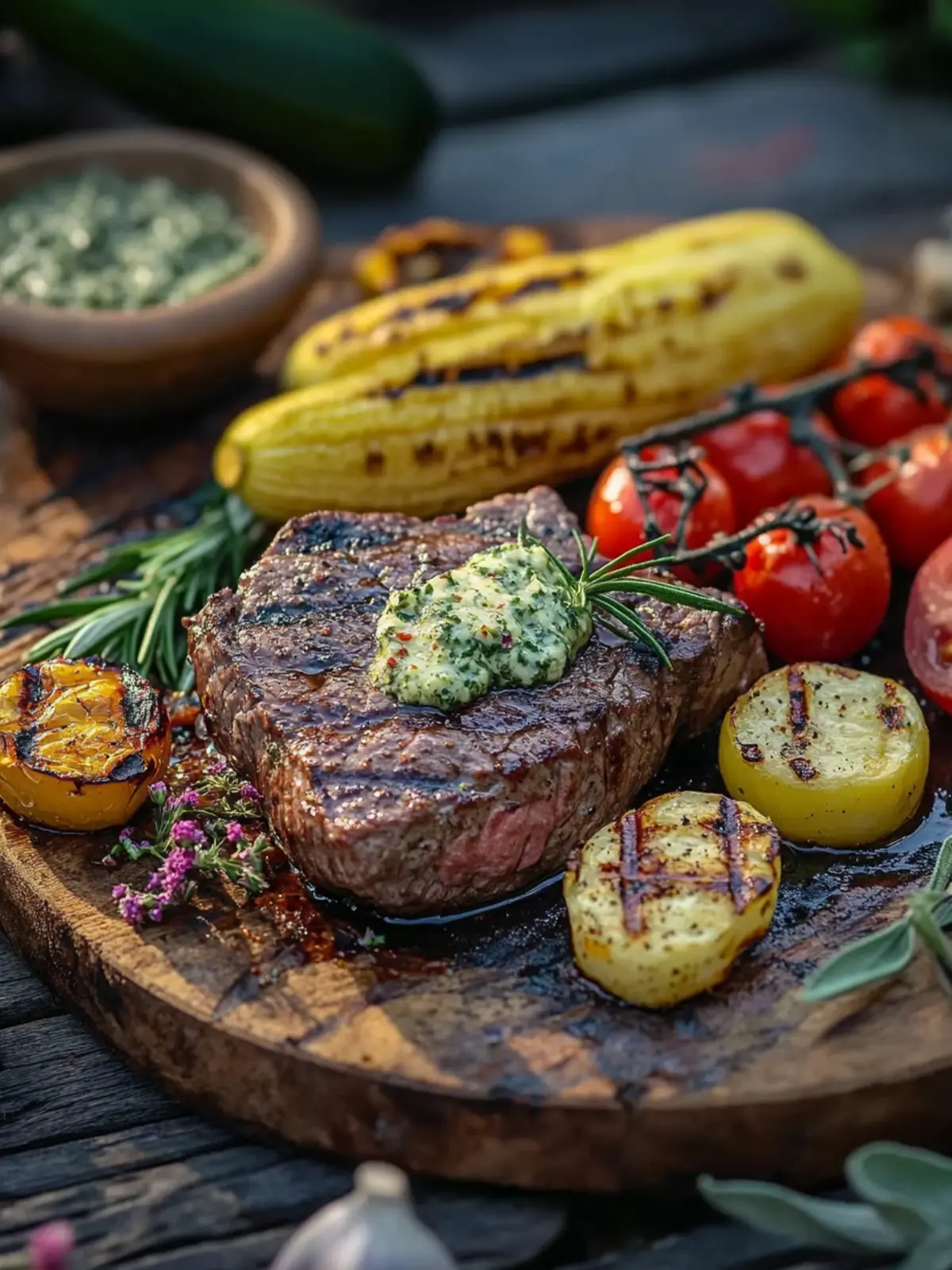 Steak und Gemüse vom Grill mit Kräuterbutter
