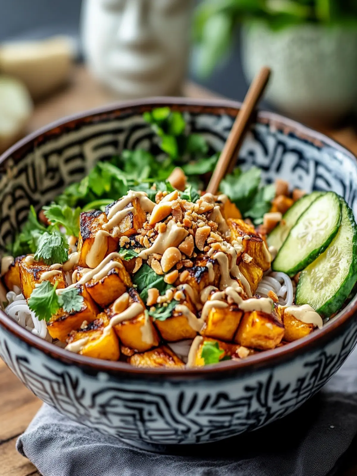 Leckere Thai-Erdnuss-Süßkartoffel-Buddha-Schüssel