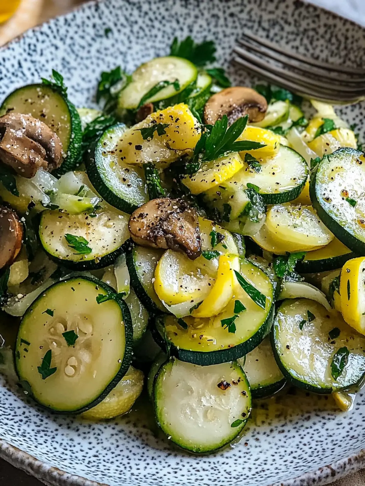 Gebratene Zucchini, Pilze und Zwiebeln
