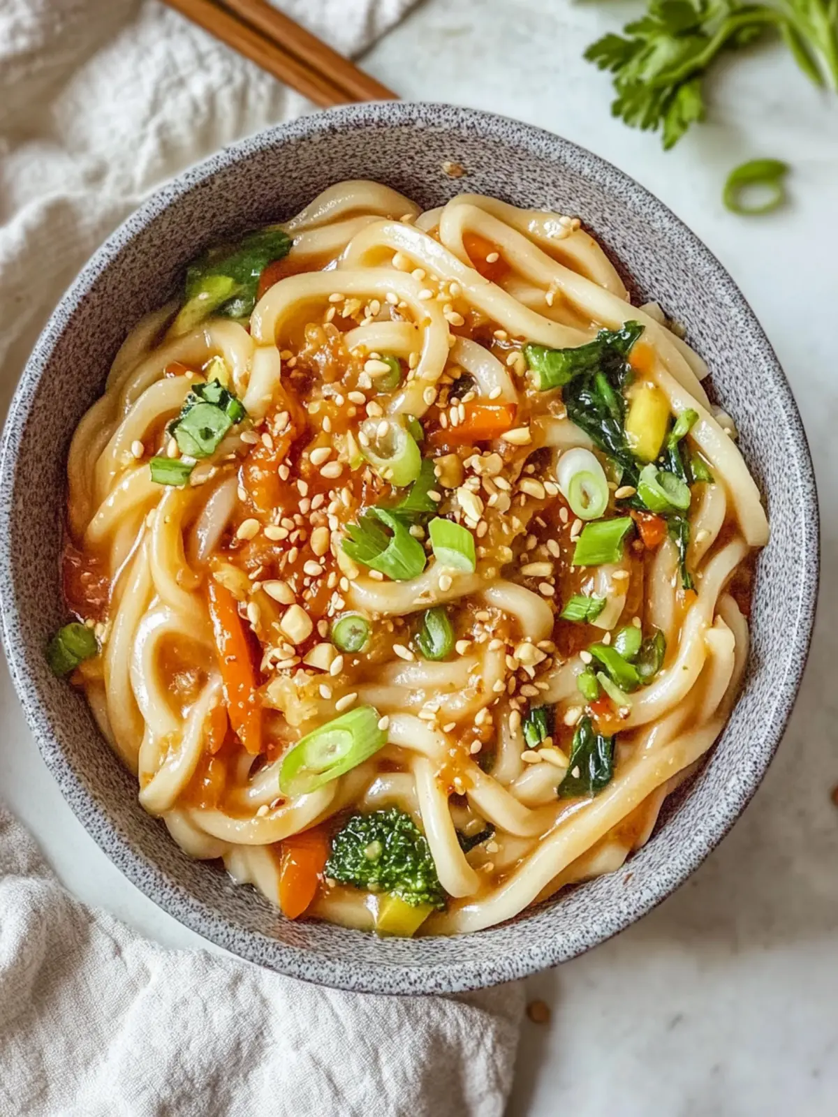 Udon-Nudeln mit Erdnusssauce und Gemüse