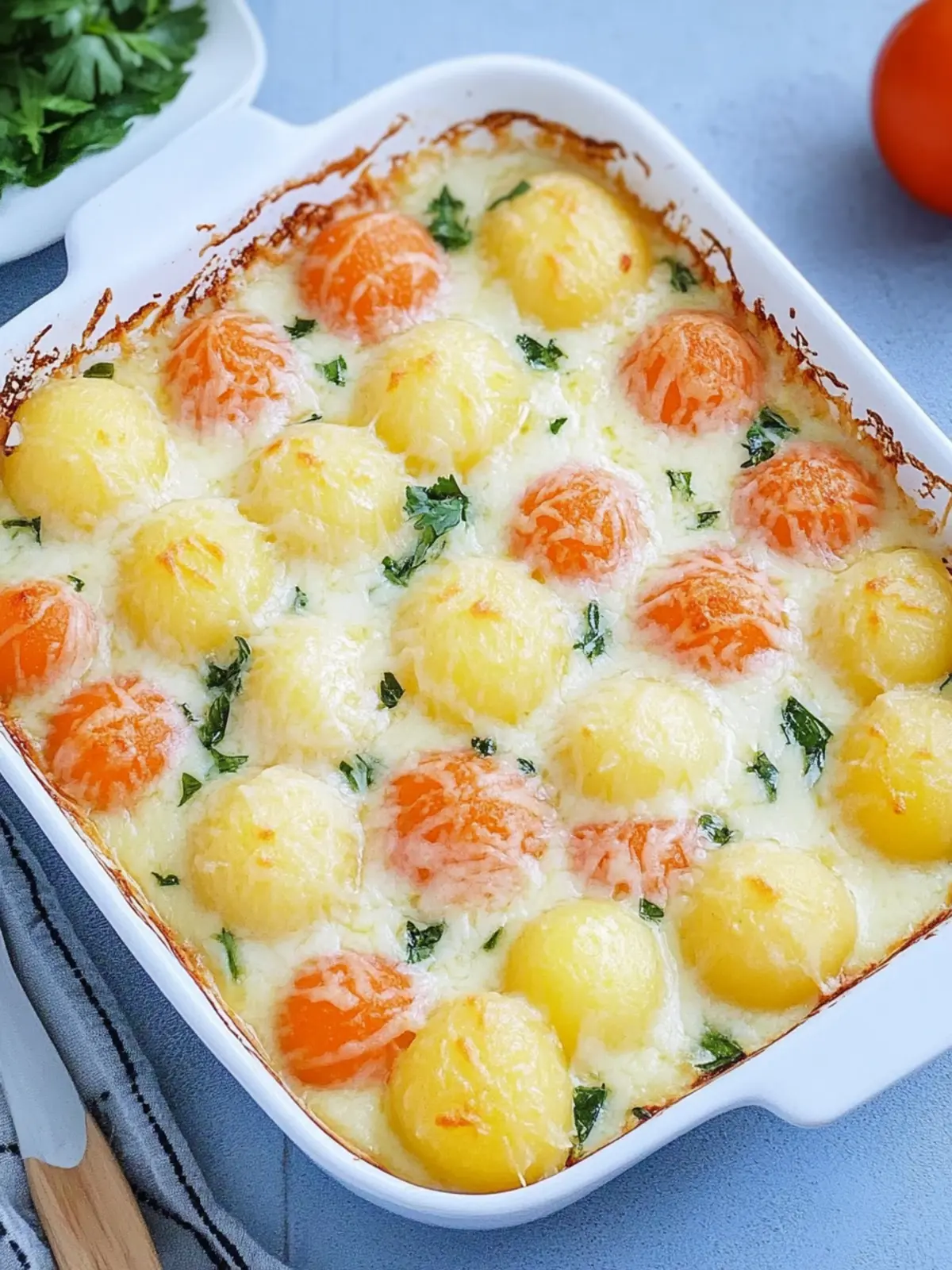 Teigtaschenauflauf mit Gemüse und Sauce Hollandaise