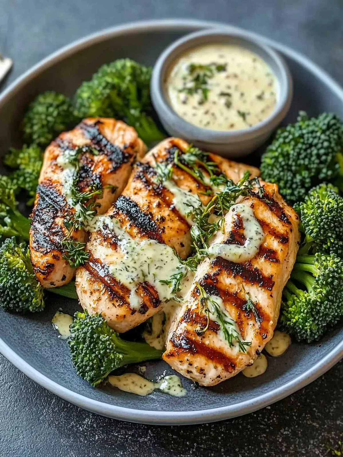 Gegrillte Hähnchenbrust mit Brokkoli-Schalen und cremiger Knoblauchsauce