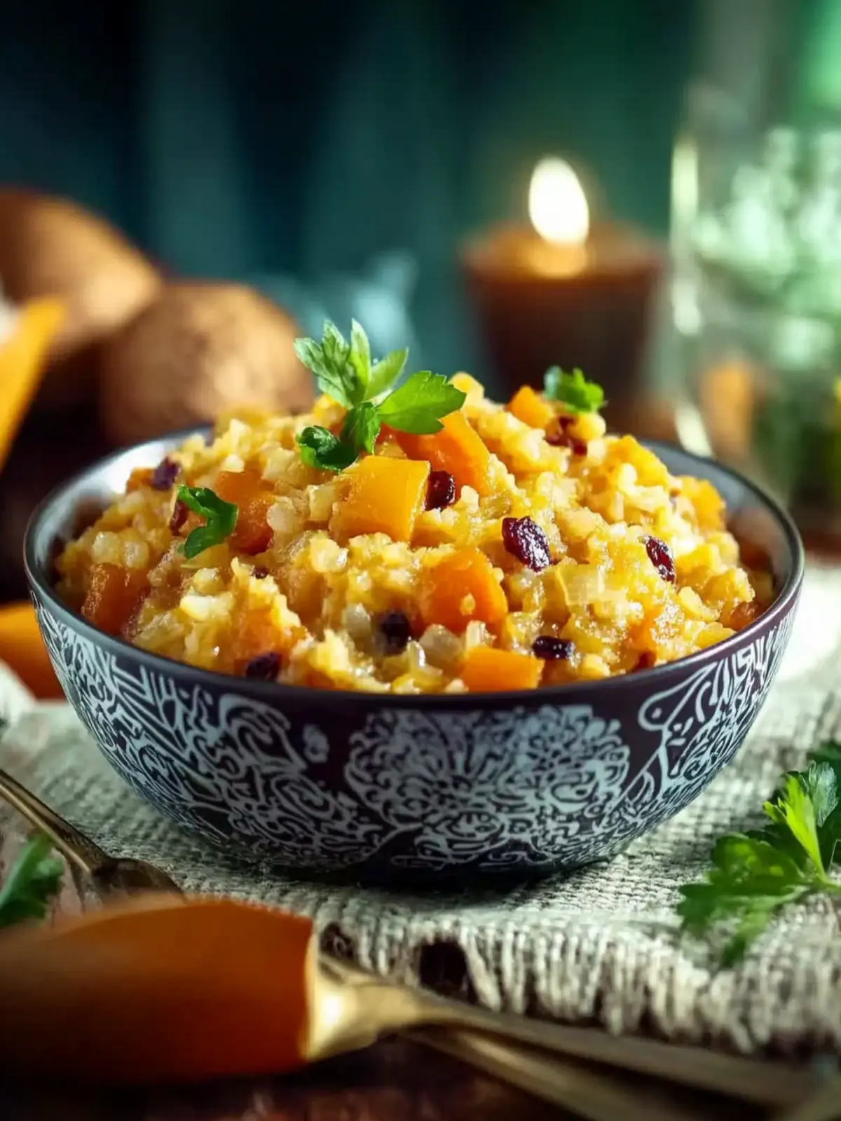 Orientalischer Kürbis-Eintopf mit Zimt und Rosinenreis