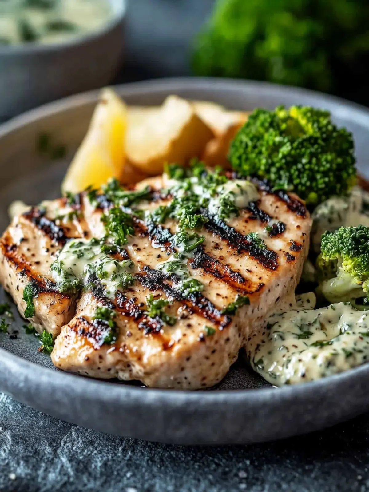 Gegrillte Hähnchenbrust mit Brokkoli-Schalen und cremiger Knoblauchsauce
