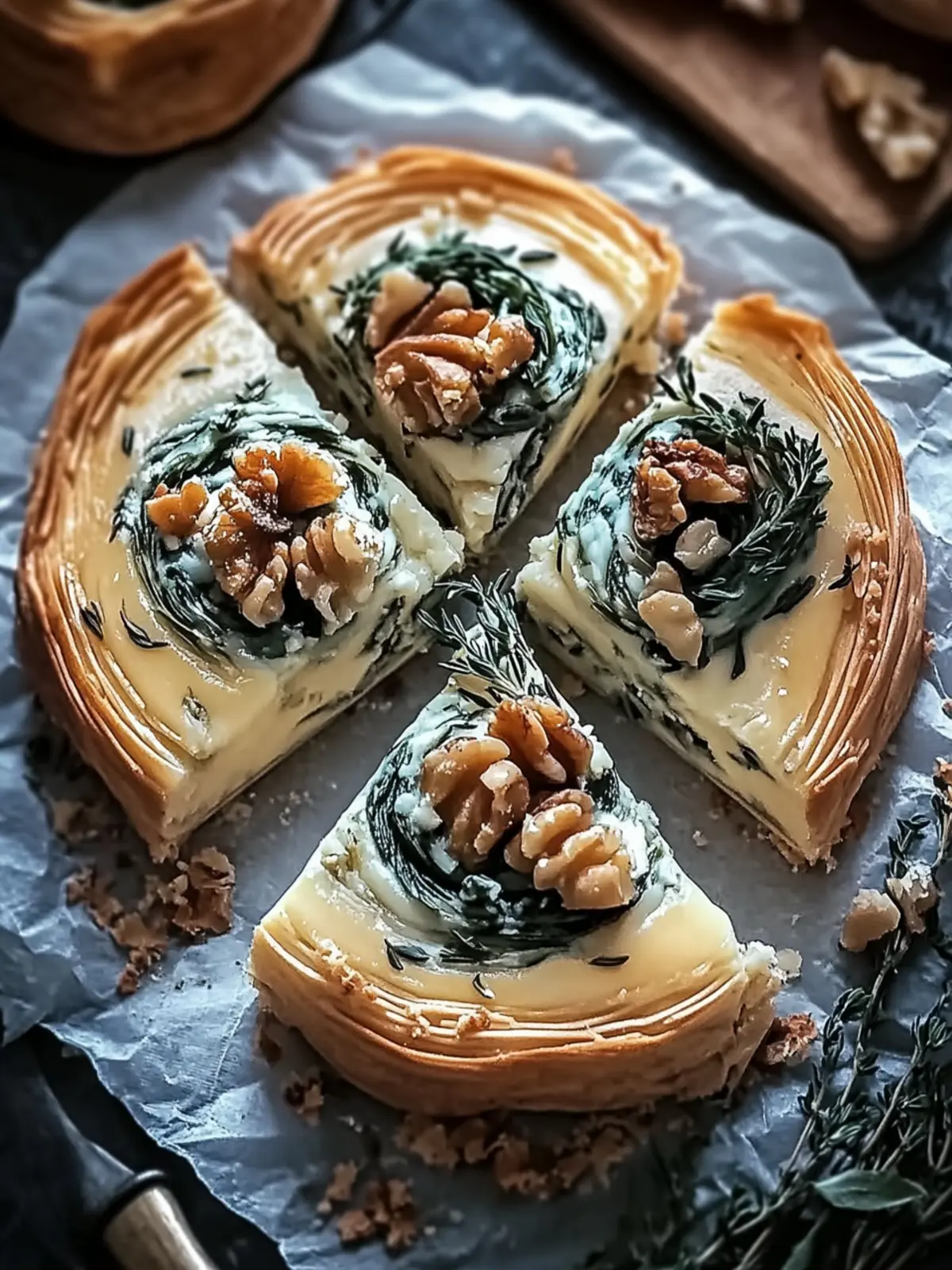 Blauschimmelkäse Walnuss Thymian Blätterteig Drehung