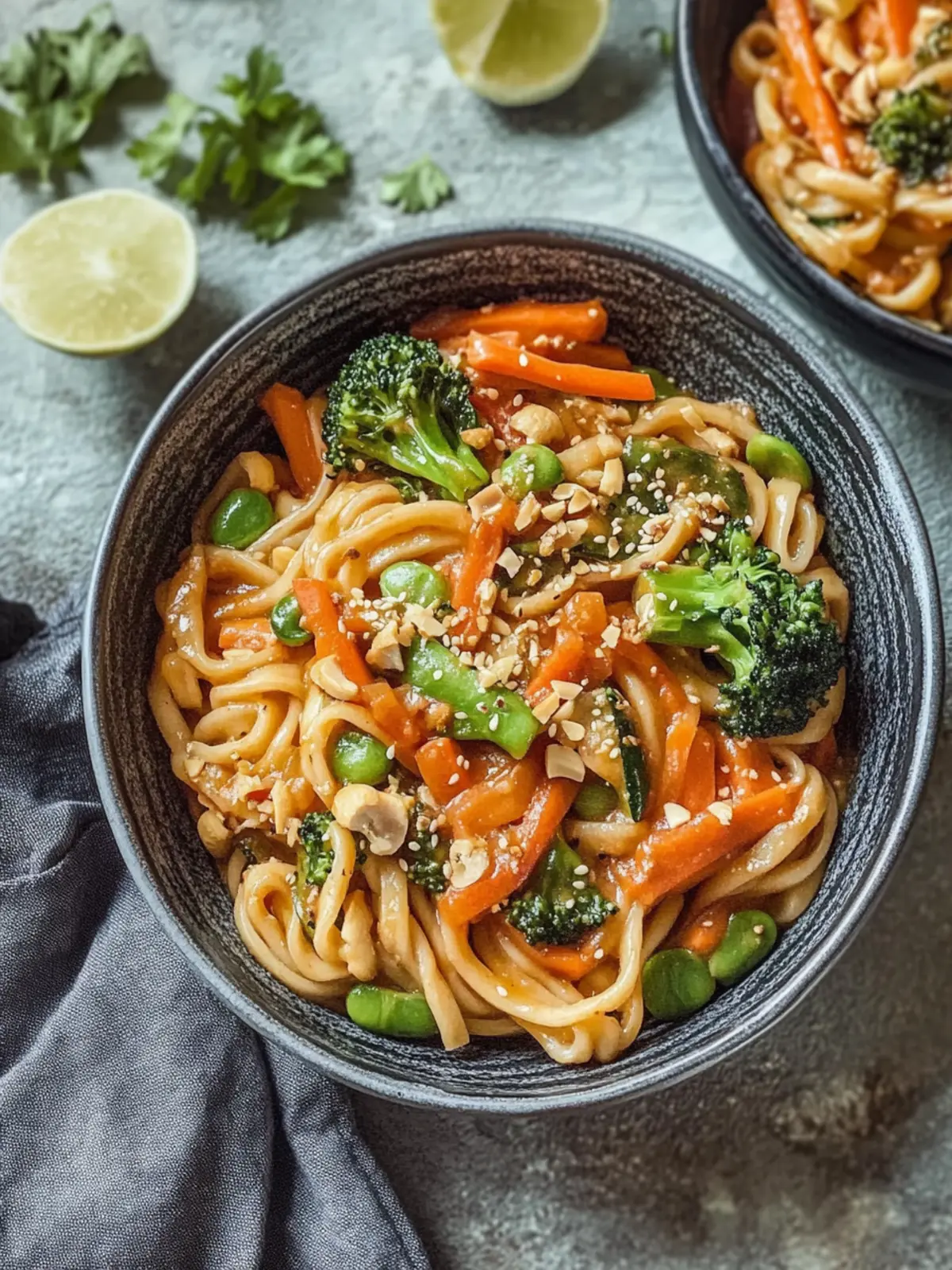 Udon-Nudeln mit Erdnusssauce und Gemüse