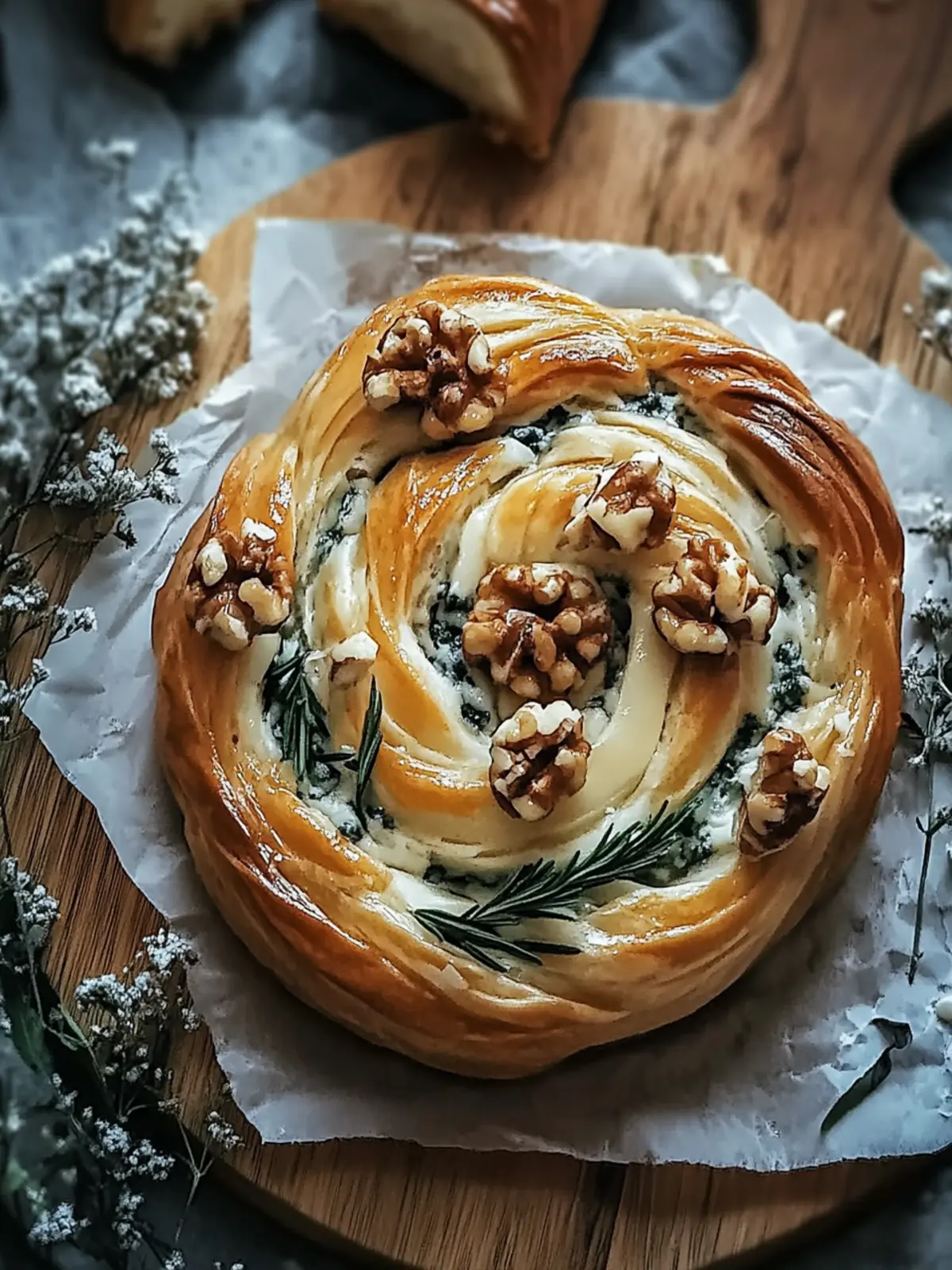 Blauschimmelkäse Walnuss Thymian Blätterteig Drehung