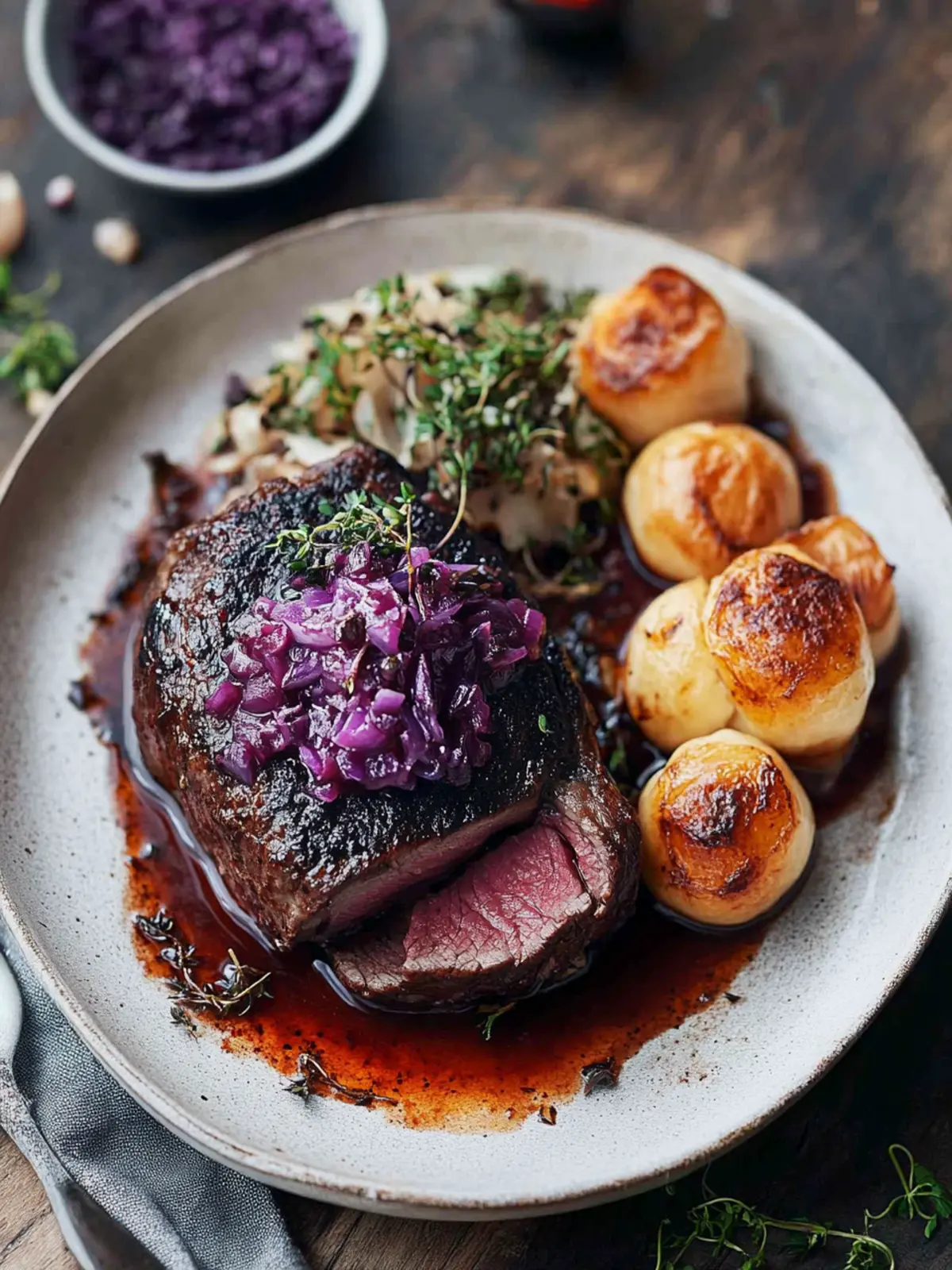 Sauerbraten mit Rotkohl und Knödeln