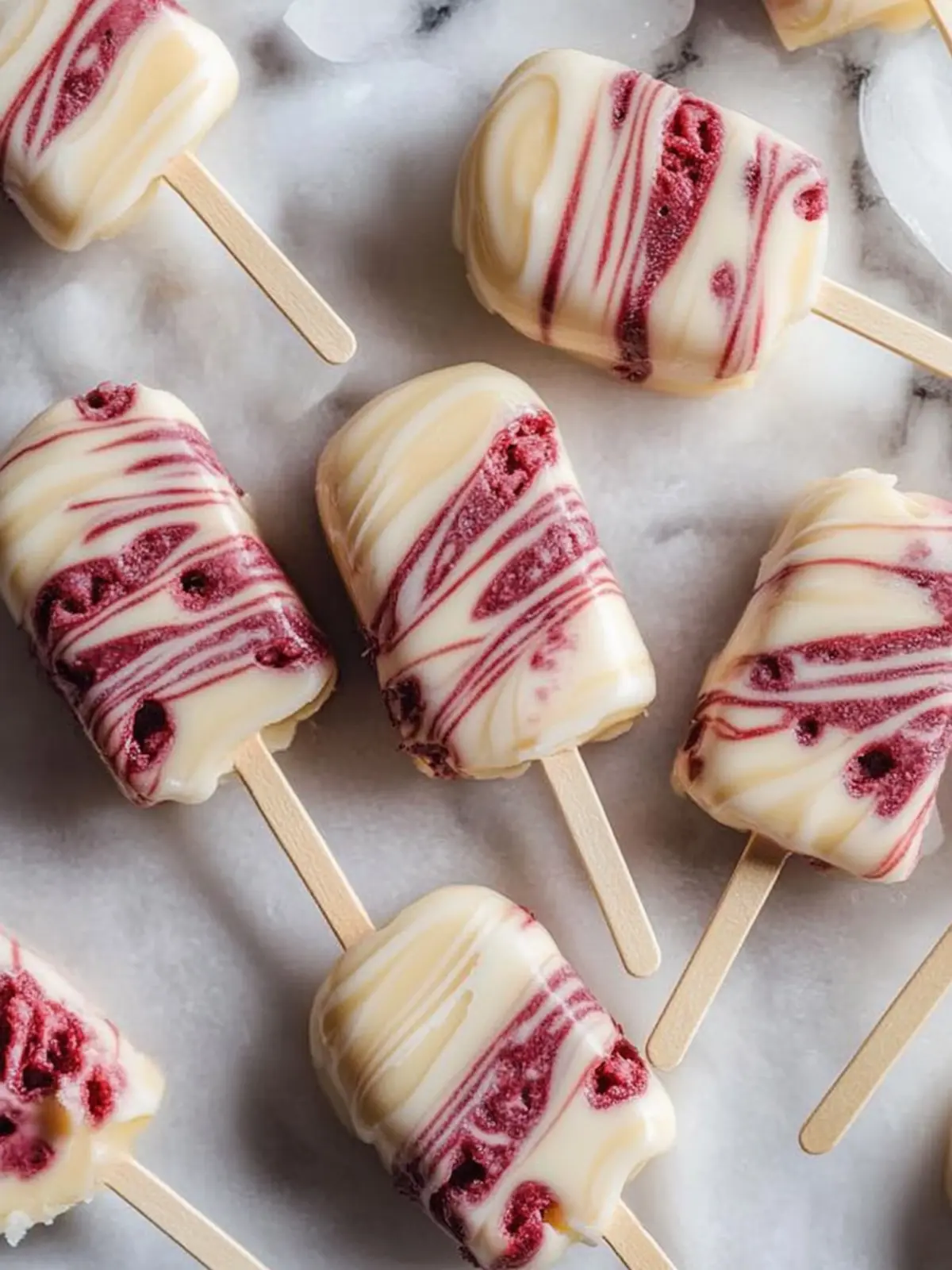 Rotvelvetkekspop mit weißer Schokoladenschwirl