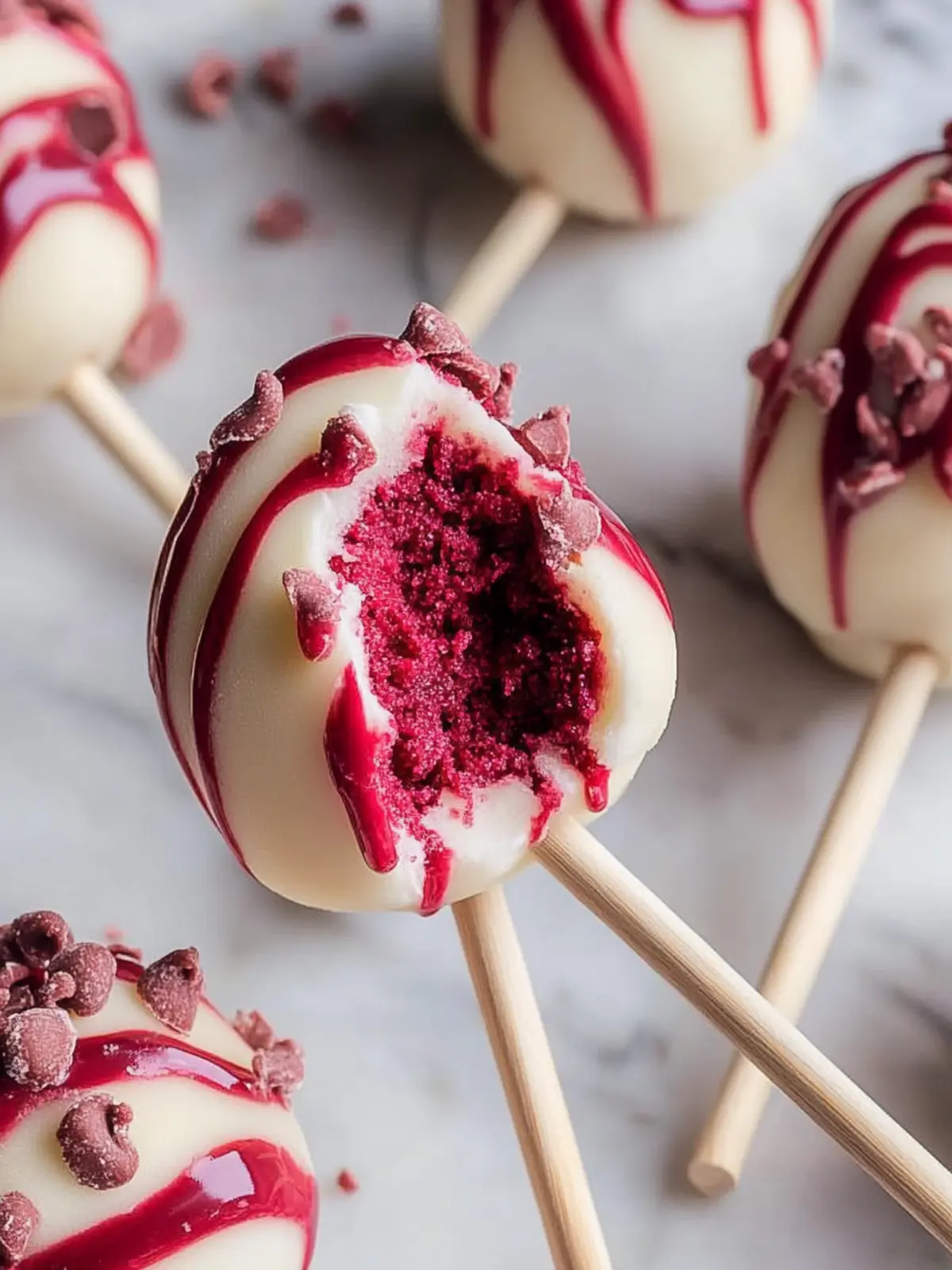 Rotvelvetkekspop mit weißer Schokoladenschwirl