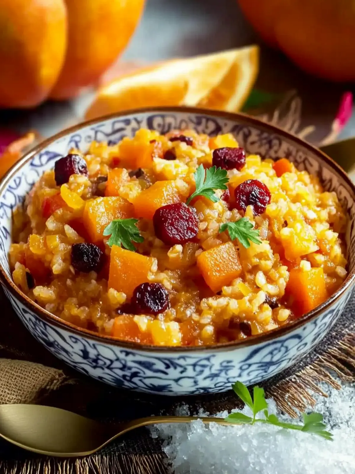 Orientalischer Kürbis-Eintopf mit Zimt und Rosinenreis