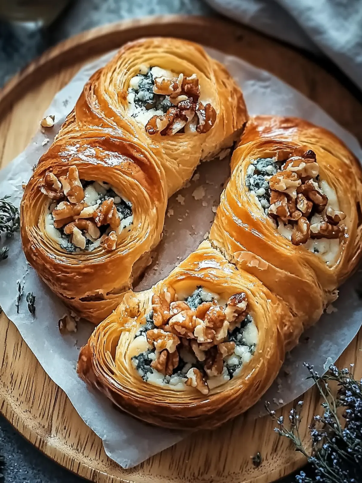 Blauschimmelkäse Walnuss Thymian Blätterteig Drehung
