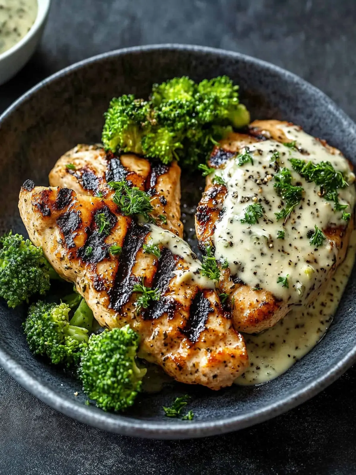 Gegrillte Hähnchenbrust mit Brokkoli-Schalen und cremiger Knoblauchsauce
