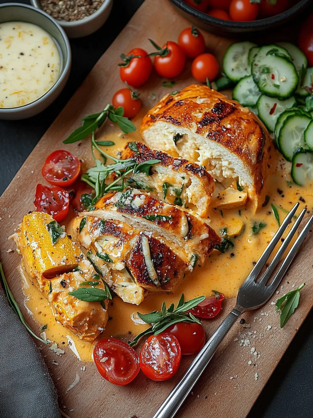 Hähnchenbrust, Frischkäsesauce, im Ofen gebackenes Gemüse