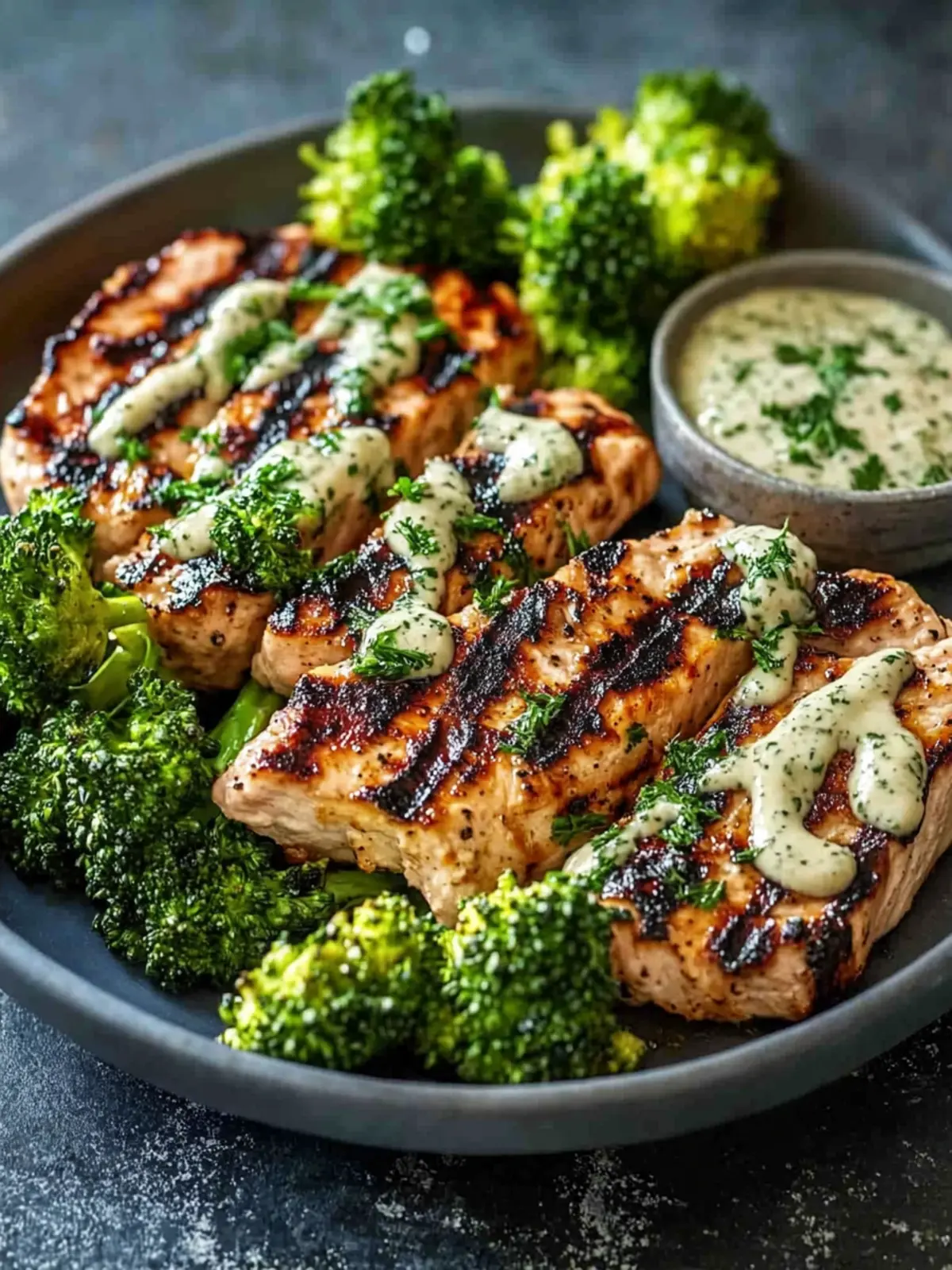 Gegrillte Hähnchenbrust mit Brokkoli-Schalen und cremiger Knoblauchsauce