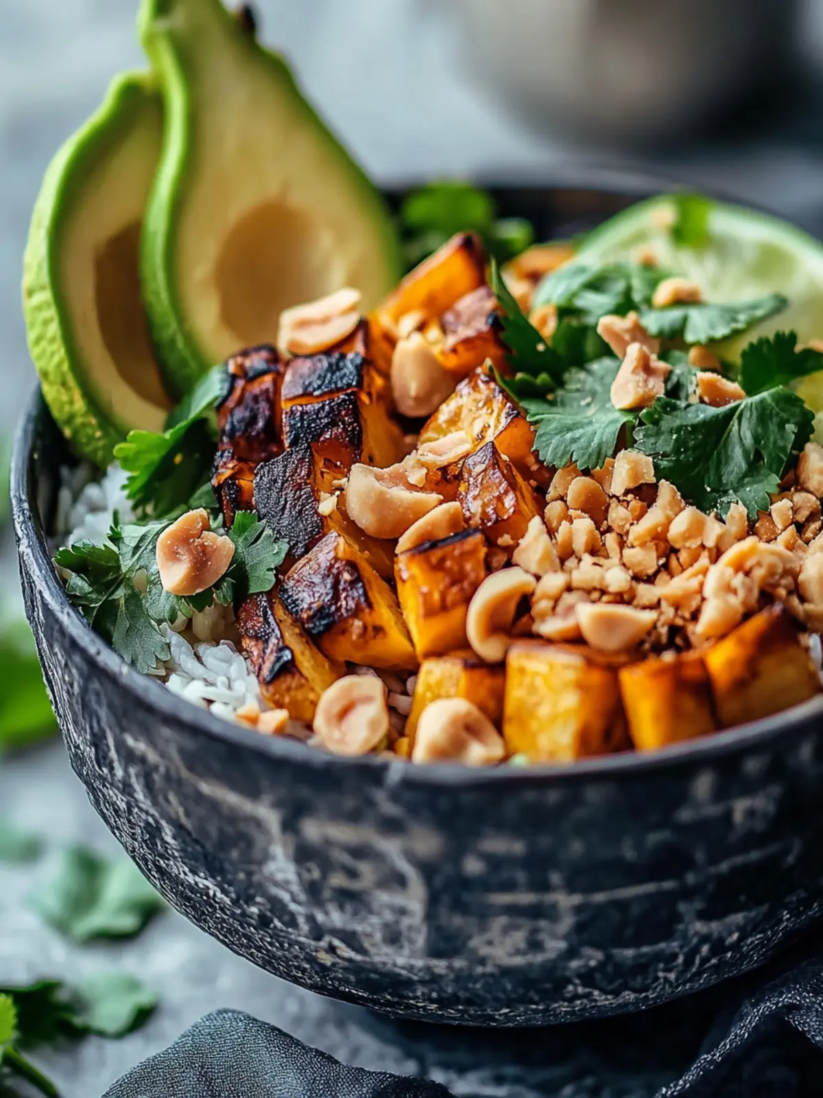 Leckere Thai-Erdnuss-Süßkartoffel-Buddha-Schüssel