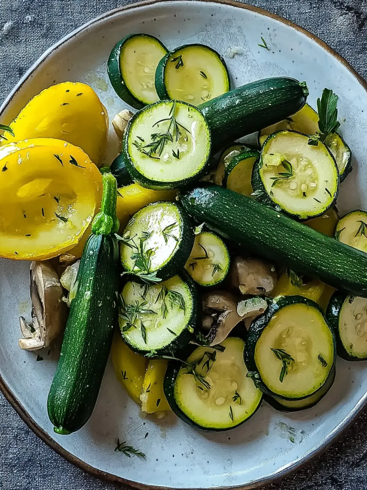 Gebratene Zucchini, Pilze und Zwiebeln