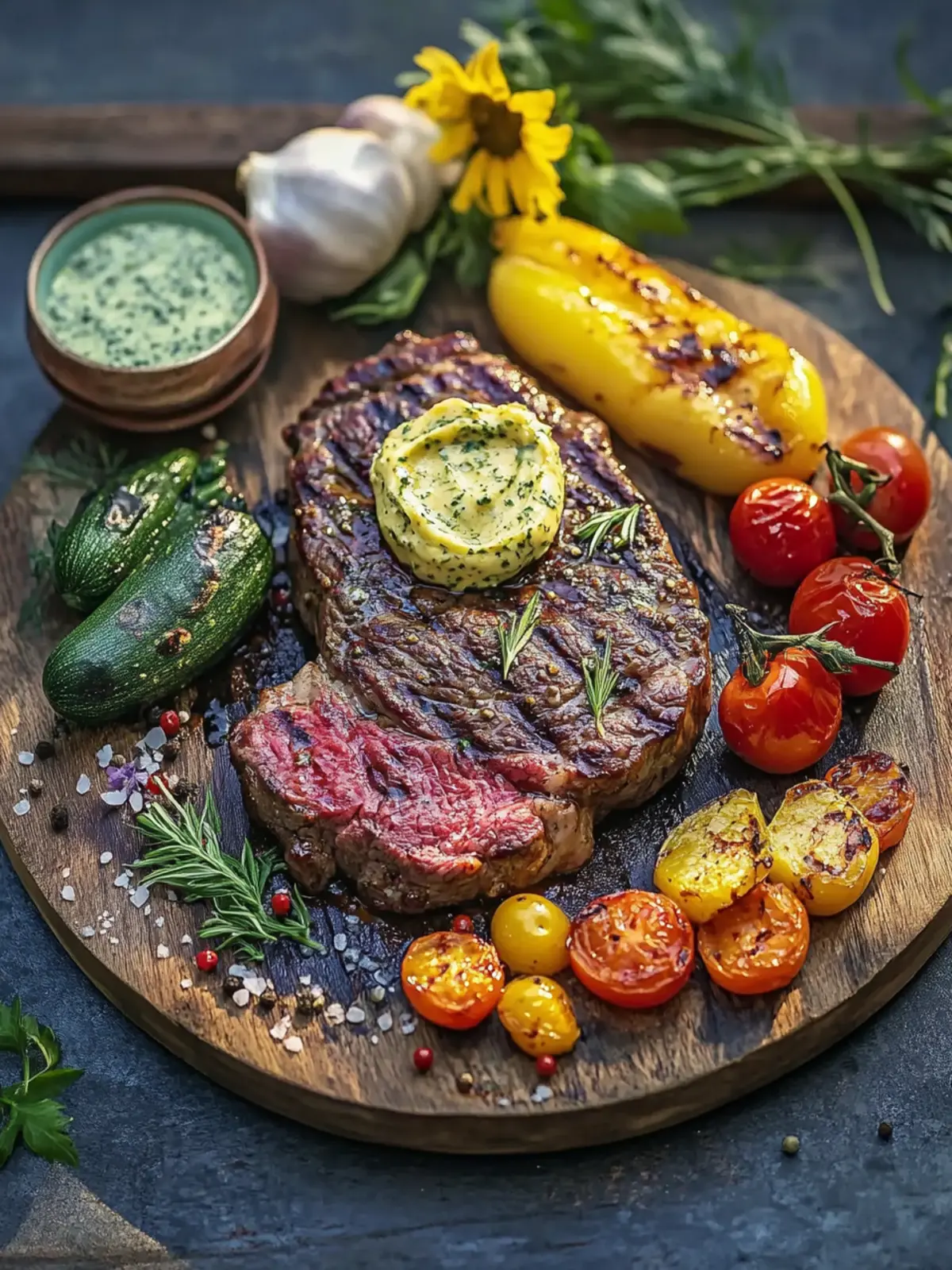 Steak und Gemüse vom Grill mit Kräuterbutter