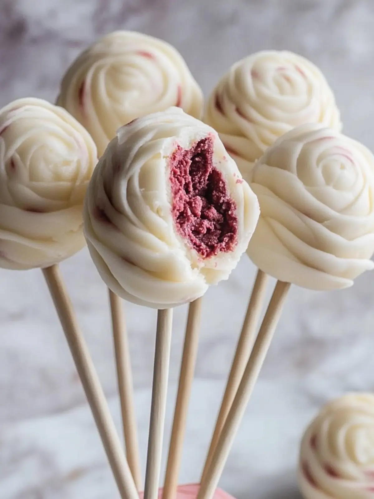 Rotvelvetkekspop mit weißer Schokoladenschwirl