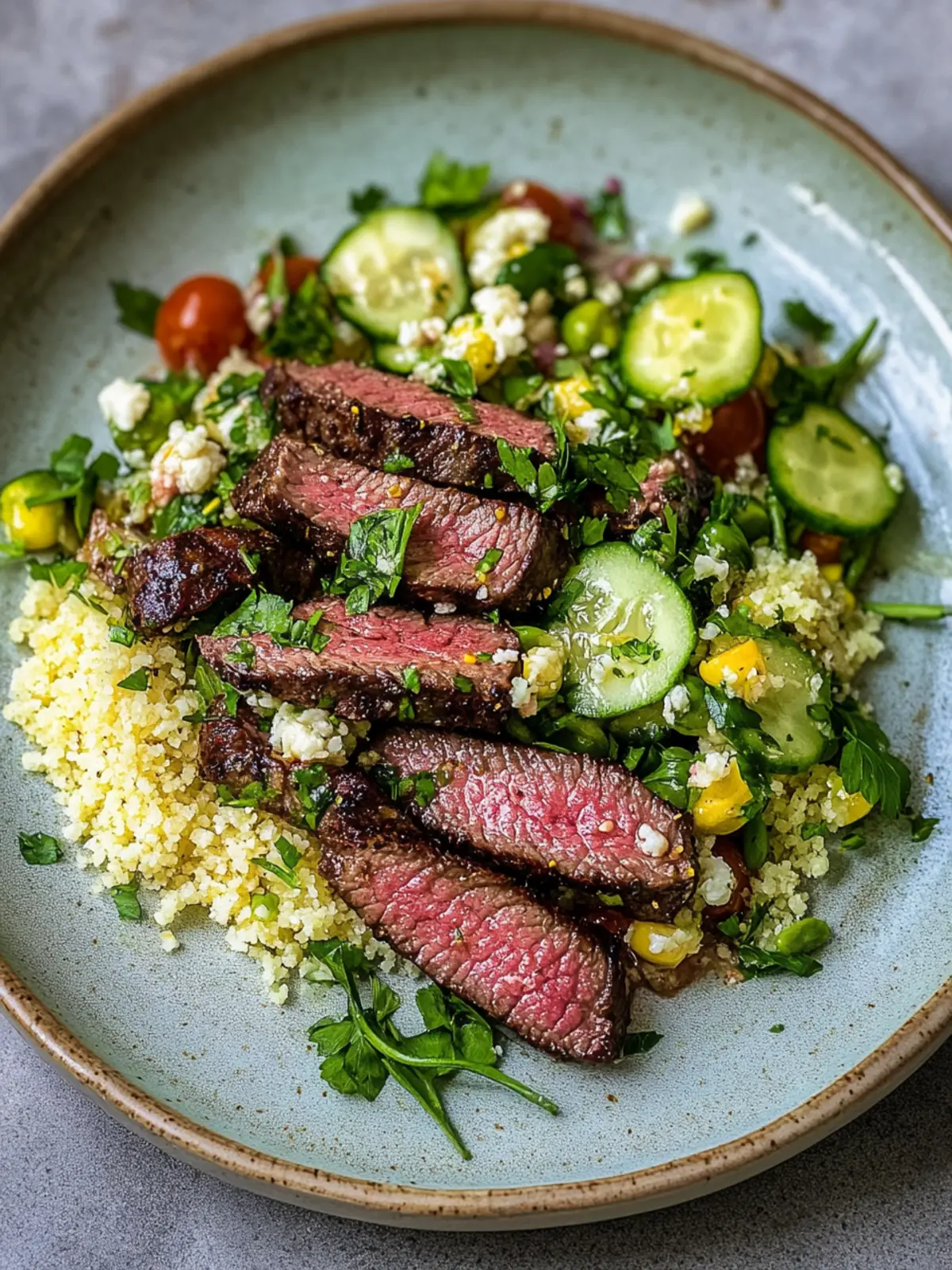 Gegrilltes Bavette-Steak mit Kräuter-Zitronen-Couscous-Salat